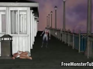 3d rödhårig femme fatale blir körd utomhus av en zombien